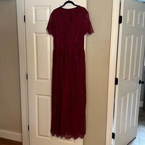 Womens Casual Boho Floral Lace V Neck Long maroon dress